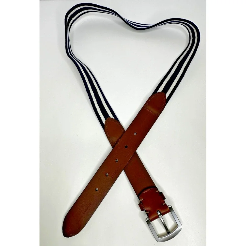 Polo Ralph Lauren Belt Sz 36 Blue White Striped Brown Leather Horse Preppy